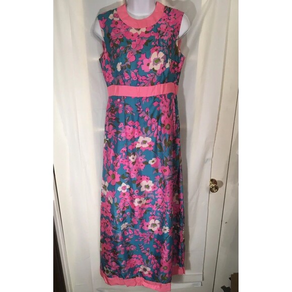 Vintage 1960s MCM Hostess Dress Saks Fifth Avenue Long Maxi Floral Size 11 - Picture 1 of 12